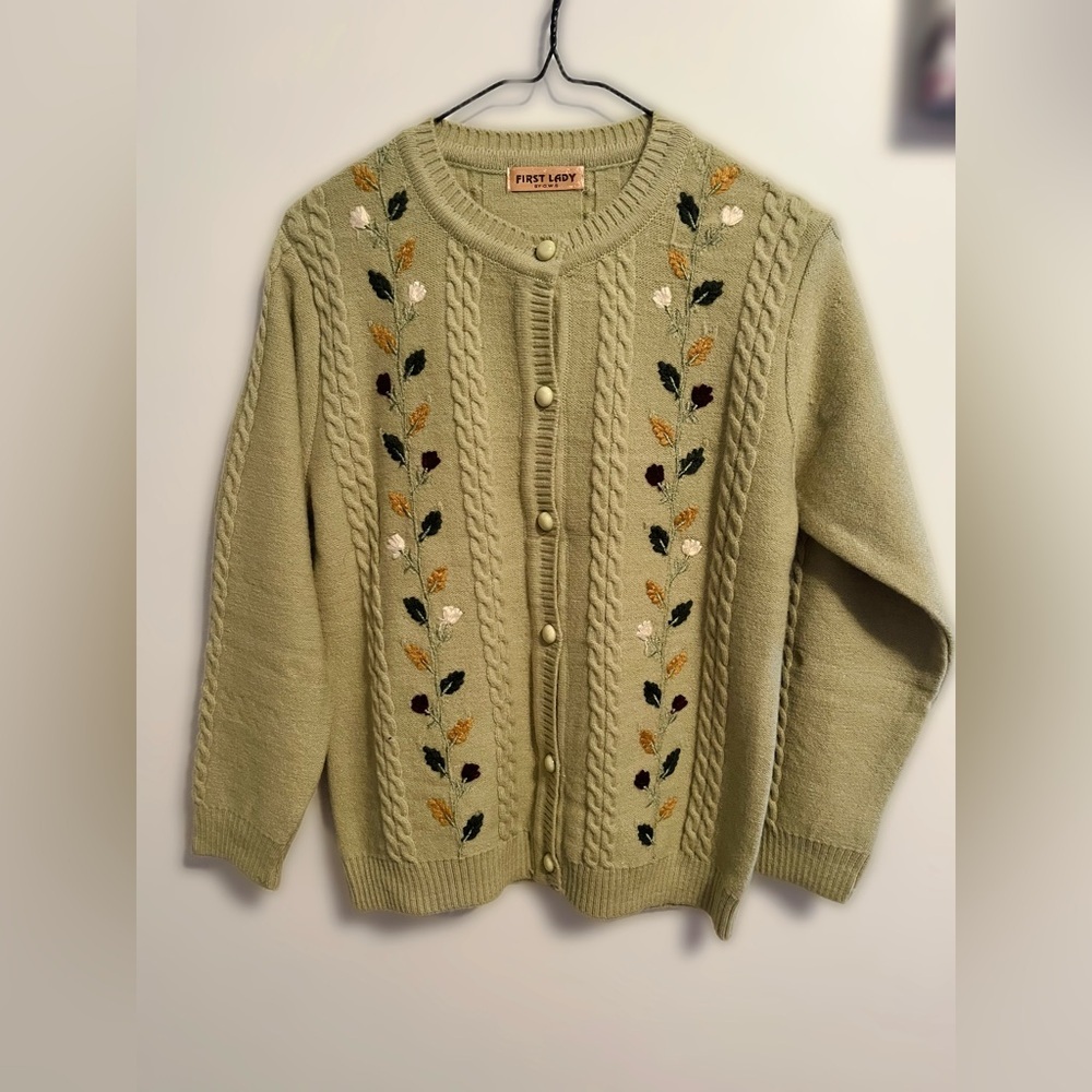 First Lady Women's Embroidered button down Cardigan - pistachio colour medium
